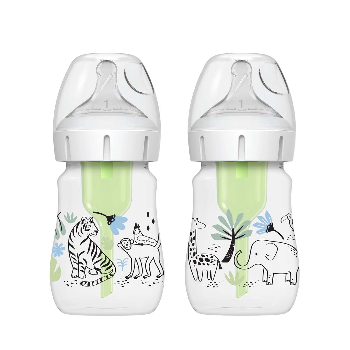 Dit is de Dr. Brown's babyfles 150 ml jungle 2 stuks. Een set van 2 150 ml flessen met het bekende anti-koliek ventielsysteem van Dr Brown’s. De flesjes hebben een brede hals fles en borstvormige speen maat 1. VanZus.