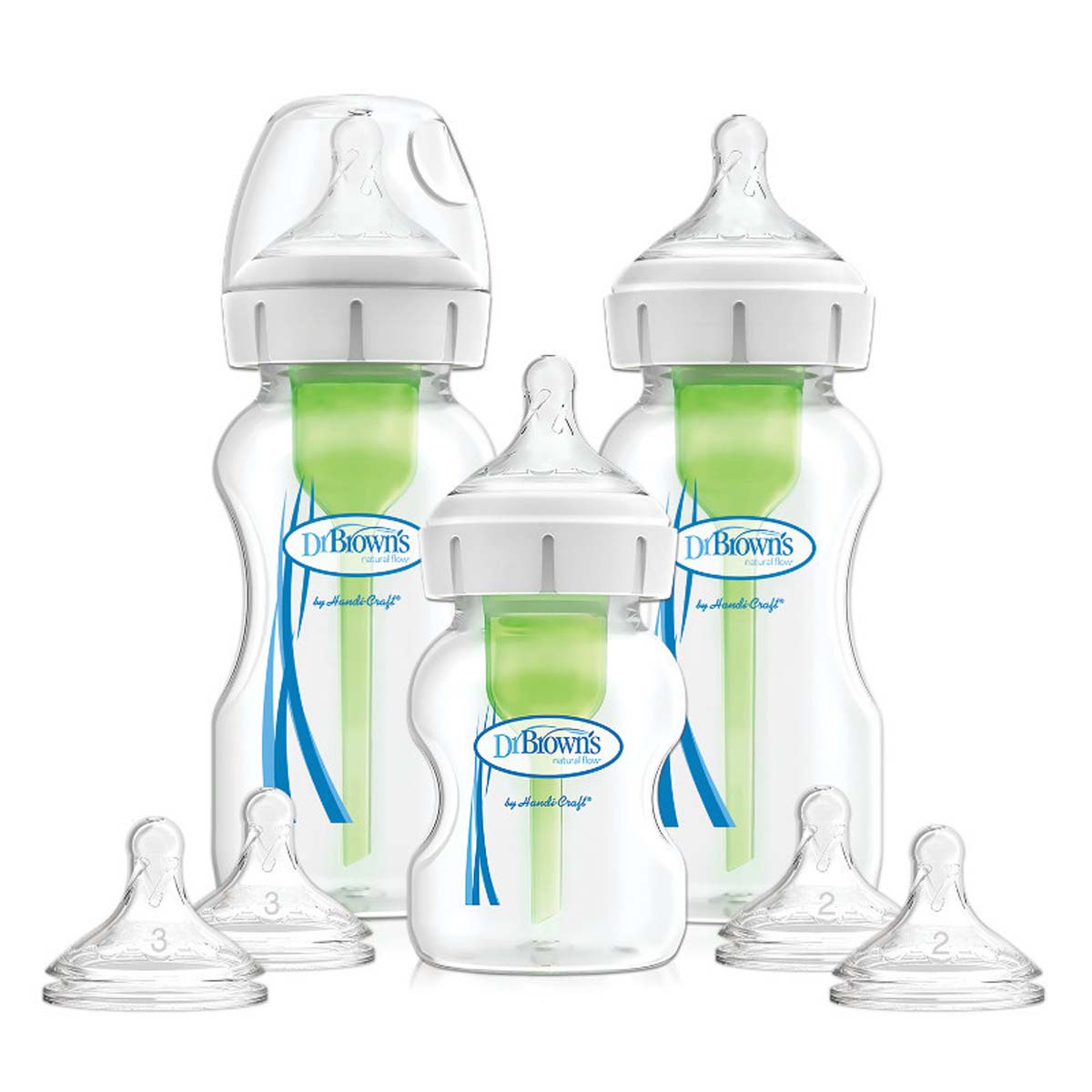 Deze Dr. Brown's babyfles brede nek startersset bestaat uit  3 flessen, 1x 150 ml, 2x 270 ml met ventielsysteem, brede hals en afsluitdop en 5 flesspenen in 3 maten: 3x 0+ maand, 2x 3+ maand en 2x 6+ maand. VanZus.