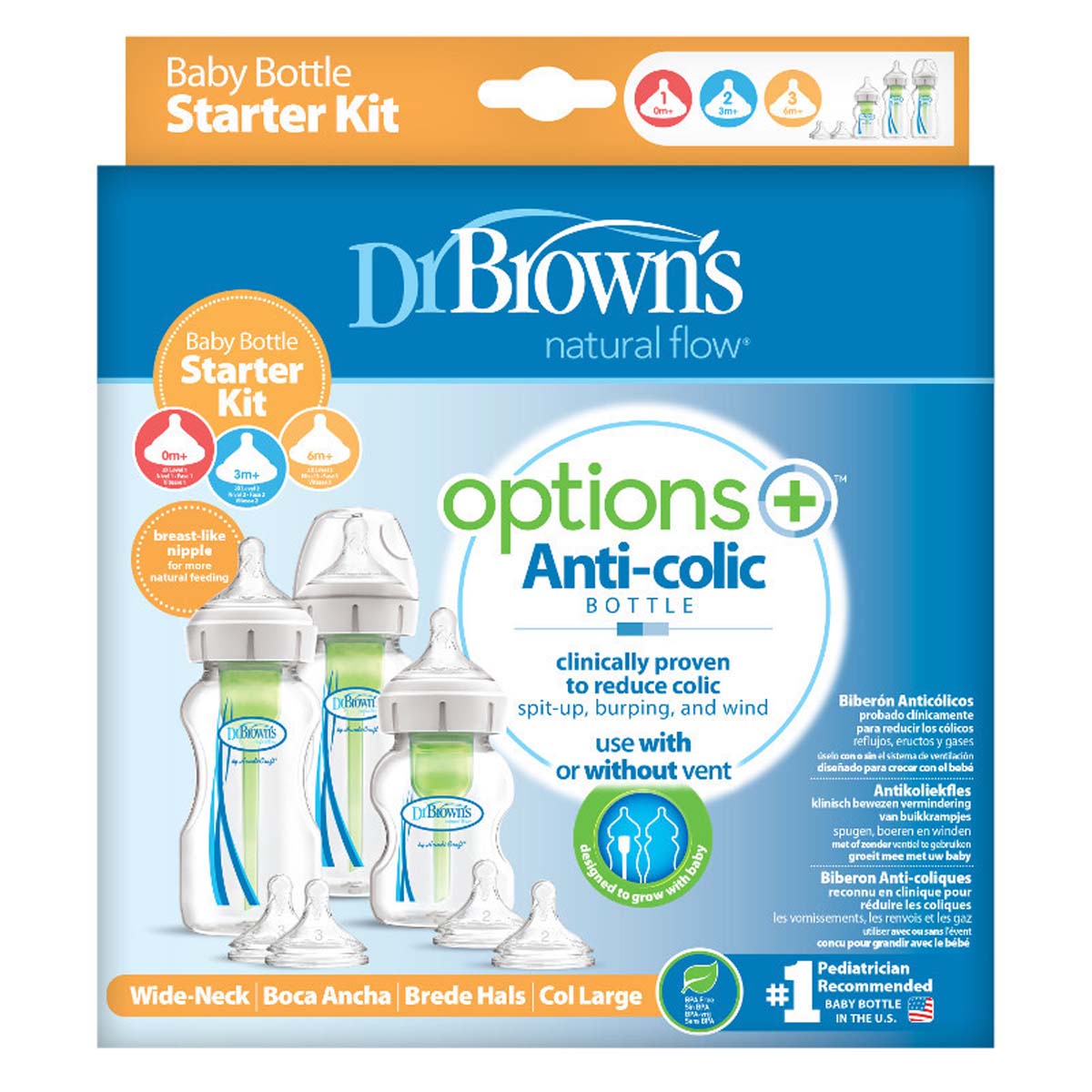 Deze Dr. Brown's babyfles brede nek startersset bestaat uit  3 flessen, 1x 150 ml, 2x 270 ml met ventielsysteem, brede hals en afsluitdop en 5 flesspenen in 3 maten: 3x 0+ maand, 2x 3+ maand en 2x 6+ maand. VanZus.