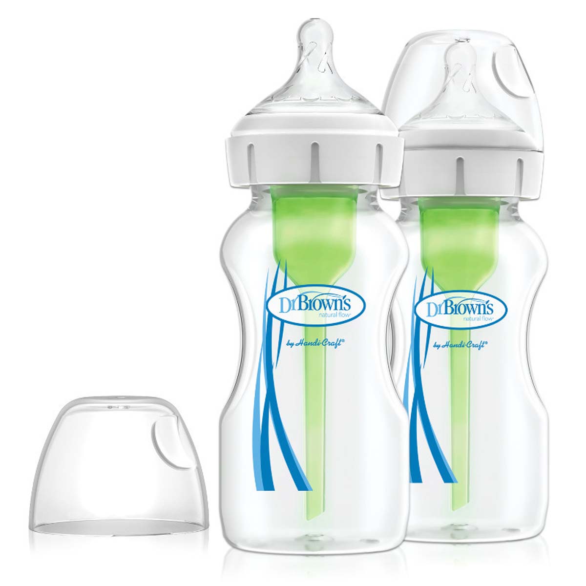 Dit is de Dr. Brown's babyfles brede nek 270 ml 2 stuks. Een set van 2 270 ml flessen met het bekende anti-koliek ventielsysteem van Dr Brown’s. De flesjes hebben een brede hals fles en borstvormige speen maat 1. VanZus.