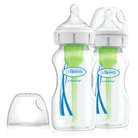 Dit is de Dr. Brown's babyfles brede nek 270 ml 2 stuks. Een set van 2 270 ml flessen met het bekende anti-koliek ventielsysteem van Dr Brown’s. De flesjes hebben een brede hals fles en borstvormige speen maat 1. VanZus.