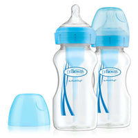 Dit is de Dr. Brown's babyfles brede nek 270 ml blue 2 stuks. Een set van 2 270 ml flessen met het anti-koliek ventielsysteem van Dr Brown’s. De flesjes hebben een brede hals fles en borstvormige speen maat 1. VanZus.