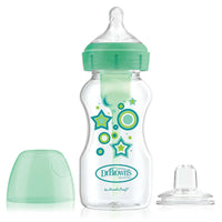 Dit is de Dr. Brown's babyfles brede nek 270 ml green stars. Een babyfles van 270 ml met het bekende anti-koliek ventielsysteem van Dr Brown’s. De flesjes hebben een brede hals fles en borstvormige speen maat 1. VanZus.