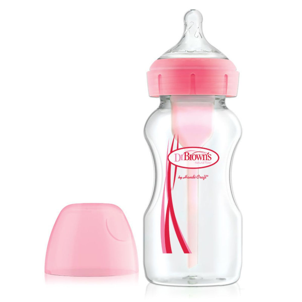 Dit is de Dr. Brown's babyfles brede nek 270 ml pink. Een 270 ml fles met het bekende anti-koliek ventielsysteem van Dr Brown’s. De roze fles heeft een brede hals fles en borstvormige speen maat 1. VanZus.