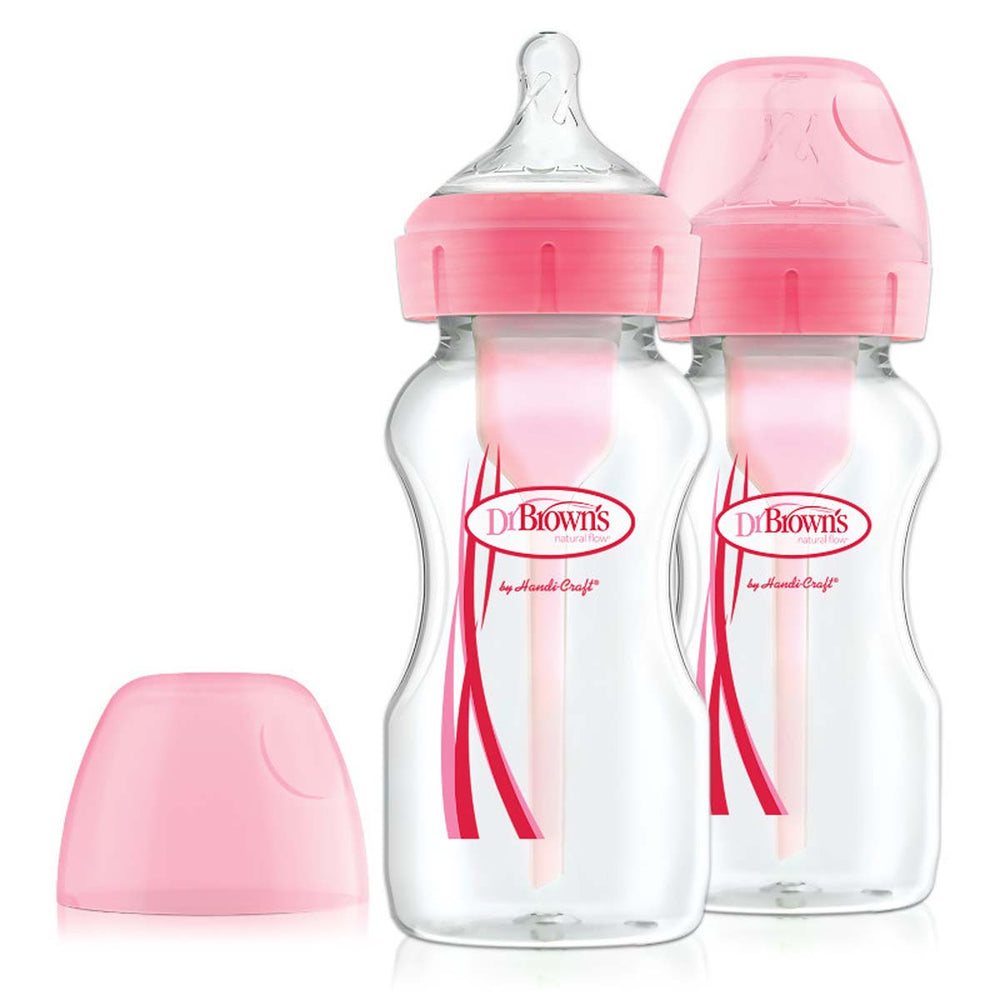 De Dr. Brown's babyfles brede nek 270 ml pink 2 stuks hebben een inhoud van 270 ml en het bekende anti-koliek ventielsysteem van Dr Brown’s. De flesjes hebben een brede hals, borstvormige speen maat 1 en roze details. VanZus.