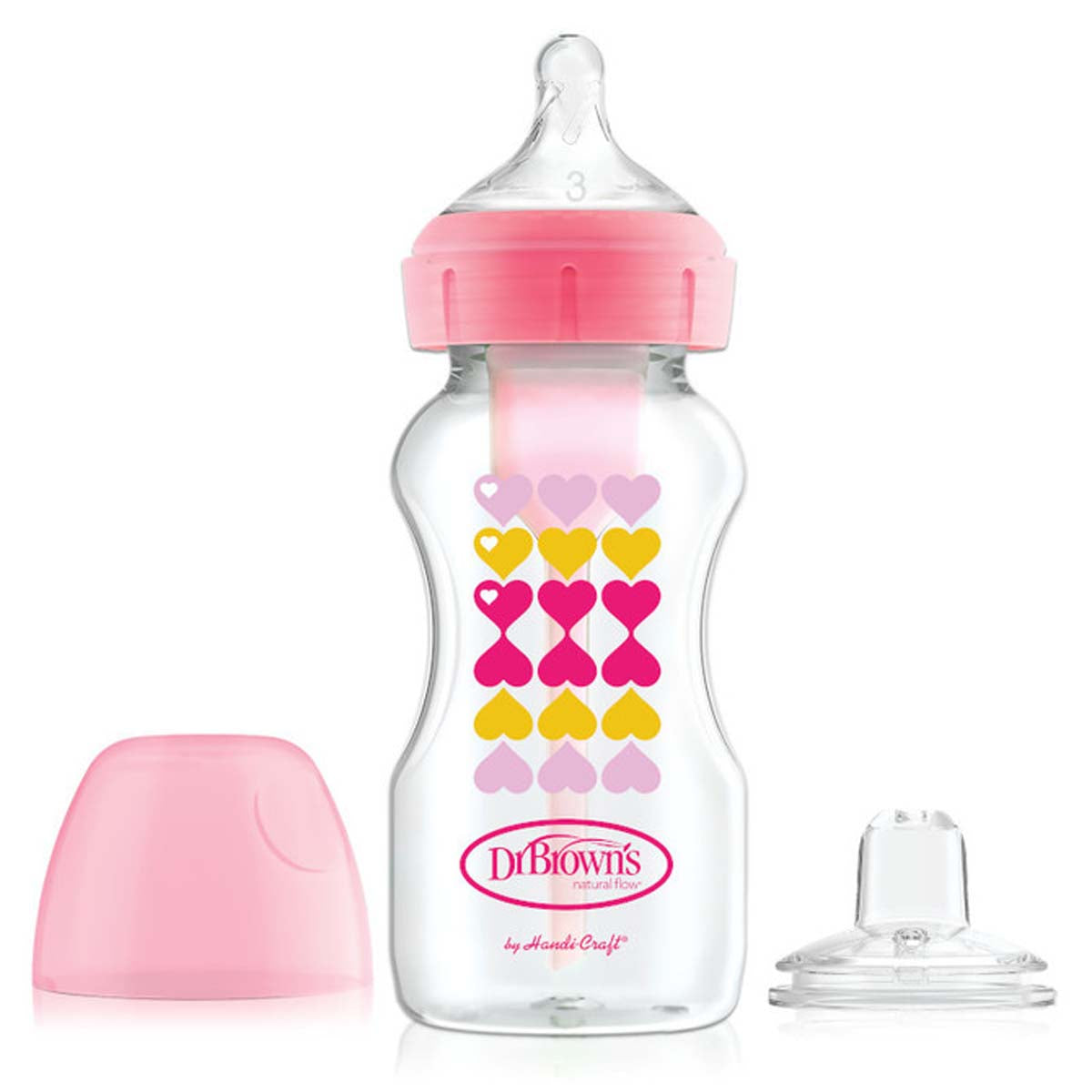 Dit is de Dr. Brown's babyfles brede nek 270 ml pink hearts. De babyfles met 270 ml inhoud heeft het bekende anti-koliek ventielsysteem van Dr Brown’s, een brede hals fles, borstvormige speen maat 1 en roze hartjes. VanZus.