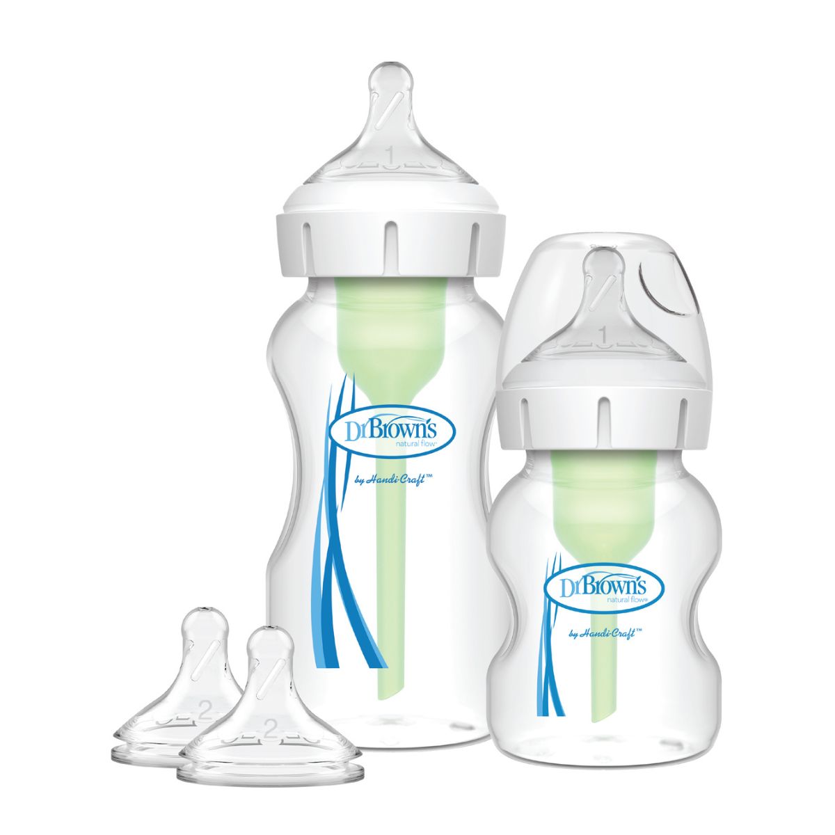 Deze Dr. Brown's babyfles brede nek startersset small bestaat uit  2 flessen, 1x 150 ml, 1x 270 ml met anti-koliek ventielsysteem, brede hals en afsluitdop en 4 flesspenen in 3 maten: 2x 0+ maand, 2x 3+ maand. VanZus.