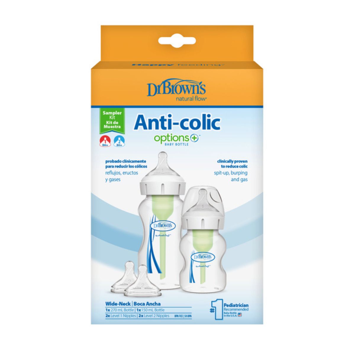 Deze Dr. Brown's babyfles brede nek startersset small bestaat uit  2 flessen, 1x 150 ml, 1x 270 ml met anti-koliek ventielsysteem, brede hals en afsluitdop en 4 flesspenen in 3 maten: 2x 0+ maand, 2x 3+ maand. VanZus.