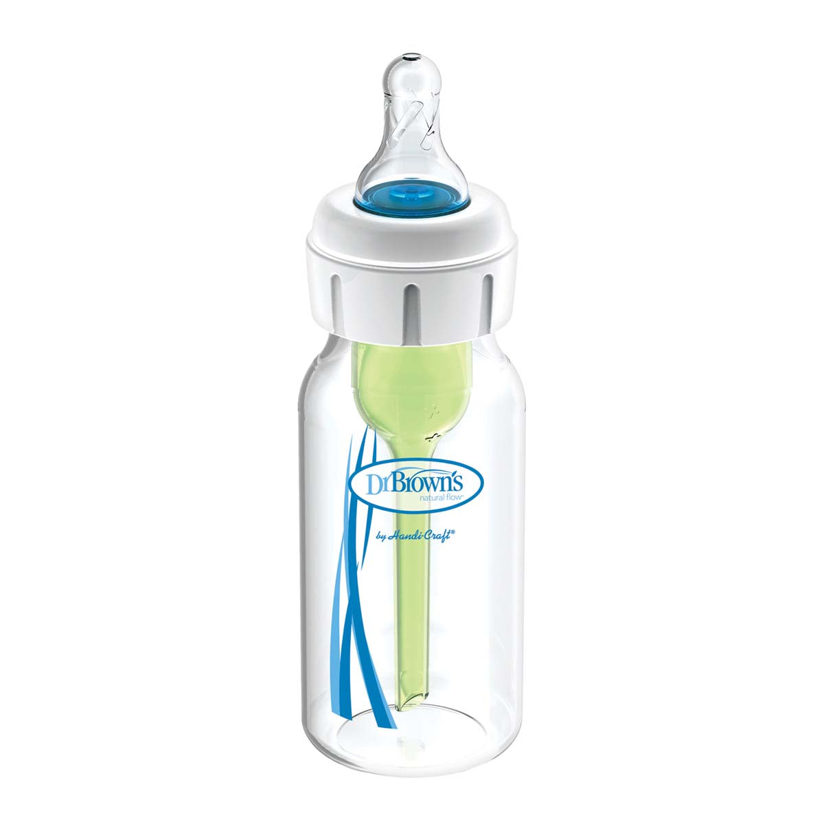 Dit is de Dr. Brown's babyfles met flesspeen 120 ml. Deze babyfles met 120 ml inhoud heeft het bekende anti-koliek ventielsysteem van Dr Brown’s, een standaard hals en borstvormige speen maat 1. VanZus.