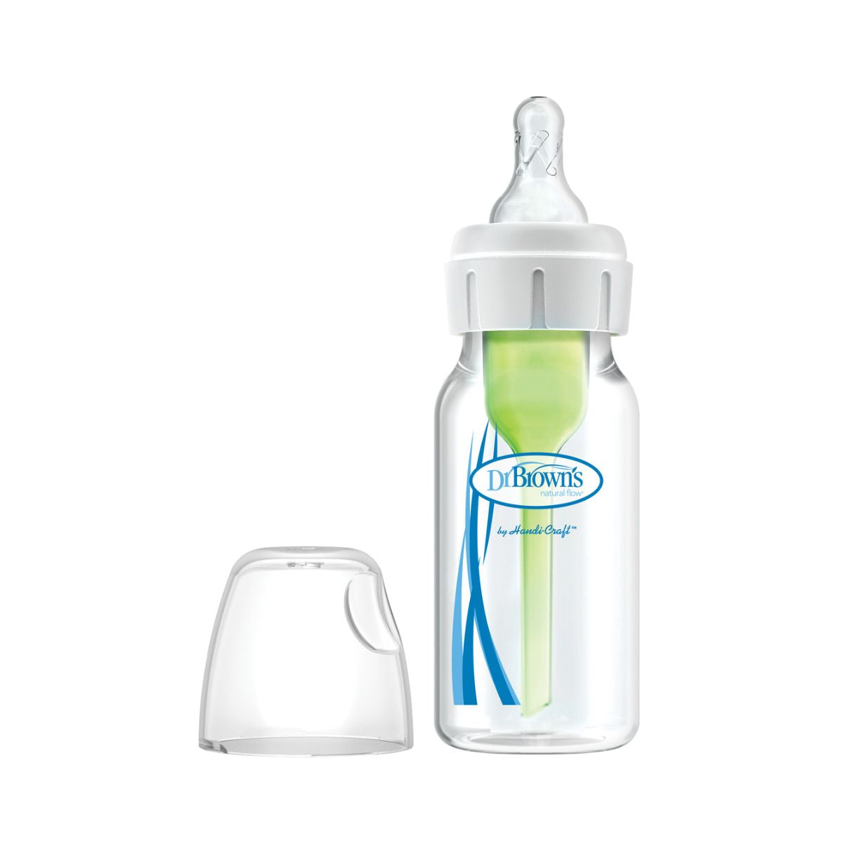 Dit is de Dr. Brown's babyfles smal 120 ml. De babyfles met 120 ml inhoud heeft het bekende anti-koliek ventielsysteem van Dr Brown’s, een standaard/smalle hals, borstvormige speen maat 1 (1 druppel - 0+ maanden). VanZus.