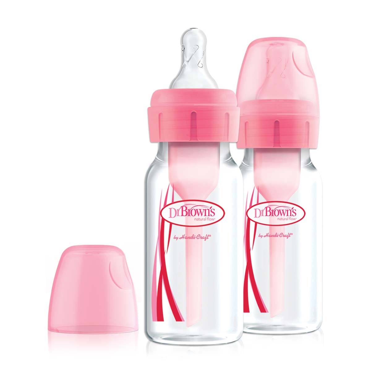 Dit is de Dr. Brown's babyfles smal 120 ml pink 2 stuks. De babyflessen  met 120 ml inhoud heeft het bekende anti-koliek ventielsysteem van Dr Brown’s, een standaard hals, borstvormige speen maat 1 en roze accenten. VanZus.