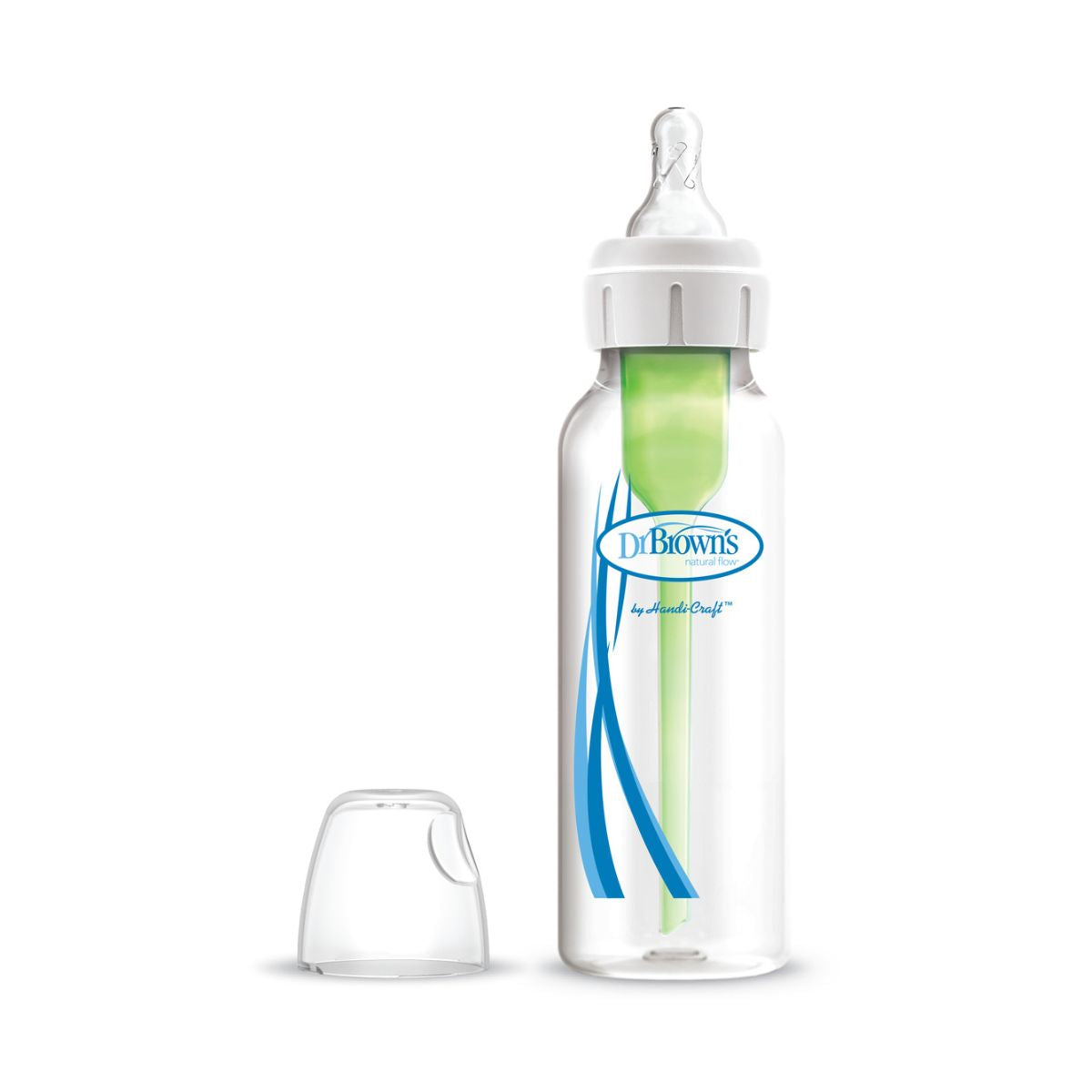 Dit is de Dr. Brown's babyfles smal 250 ml. Een set met een 250 ml fles met het bekende anti-koliek ventielsysteem van Dr Brown’s. De fles heeft een standaard hals, borstvormige speen maat 1 (1 druppel - 0+ maanden) VanZus.