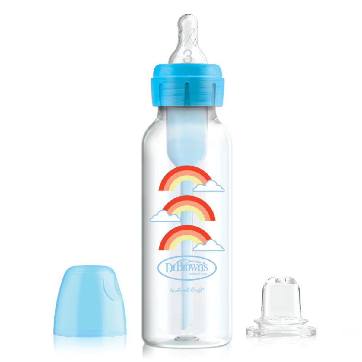 Dit is de Dr. Brown's babyfles smal 250 ml fles naar tuitbeker set blue rainbows. Deze Dr. Brown's starterkit bevat: een fles smal 250 ml met een level 3 flessenspeen en een opvolg- flessentuit (tuitbekertuit). VanZus