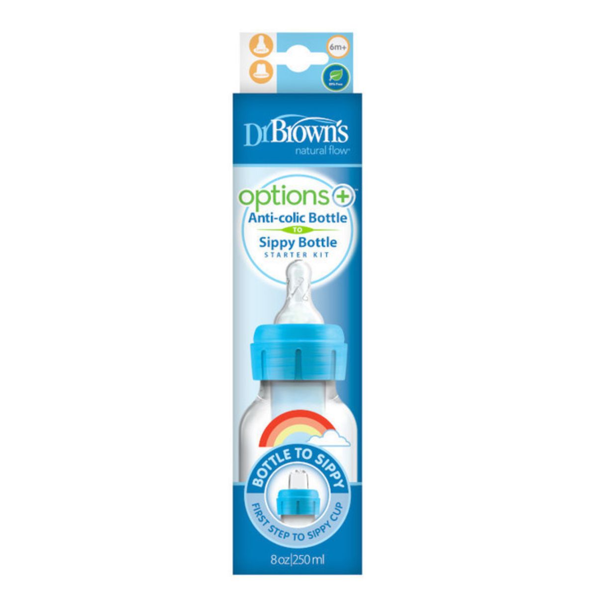 Dit is de Dr. Brown's babyfles smal 250 ml fles naar tuitbeker set blue rainbows. Deze Dr. Brown's starterkit bevat: een fles smal 250 ml met een level 3 flessenspeen en een opvolg- flessentuit (tuitbekertuit). VanZus