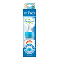 Dit is de Dr. Brown's babyfles smal 250 ml fles naar tuitbeker set blue rainbows. Deze Dr. Brown's starterkit bevat: een fles smal 250 ml met een level 3 flessenspeen en een opvolg- flessentuit (tuitbekertuit). VanZus