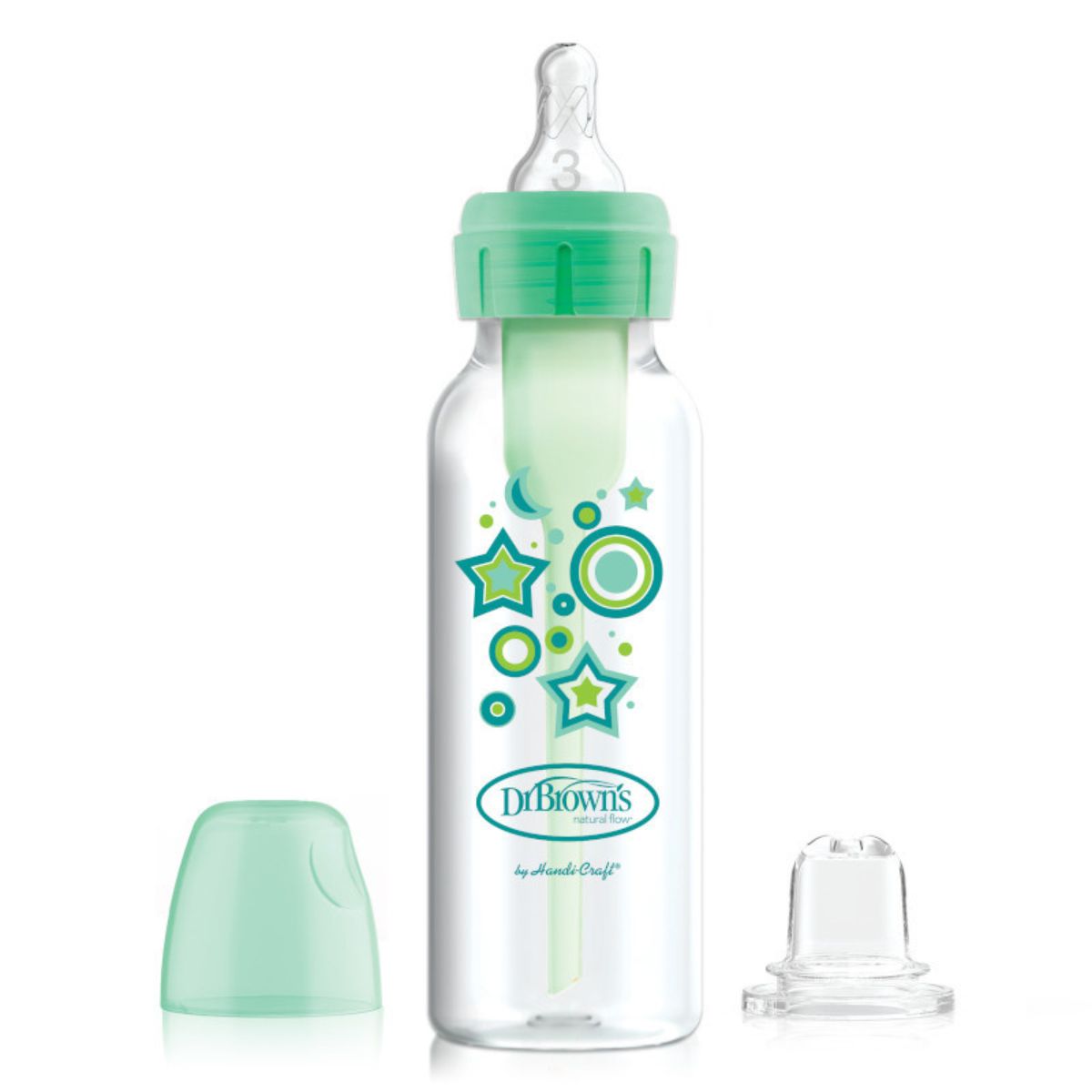 Dit is de Dr. Brown's babyfles smal 250 ml fles naar tuitbeker set green stars. Deze Dr. Brown's starterkit bevat: een fles smal 250 ml met een level 3 flessenspeen en een opvolg- flessentuit (tuitbekertuit). VanZus