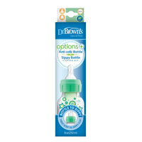 Dit is de Dr. Brown's babyfles smal 250 ml fles naar tuitbeker set green stars. Deze Dr. Brown's starterkit bevat: een fles smal 250 ml met een level 3 flessenspeen en een opvolg- flessentuit (tuitbekertuit). VanZus