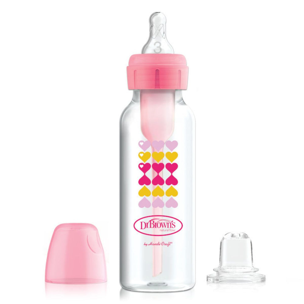 Dr. Brown's babyfles smal 250 ml fles naar tuitbeker set pink hearts | VanZus