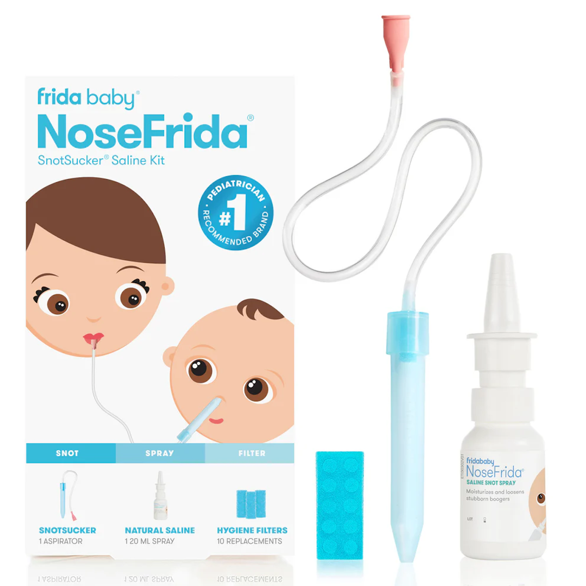 Frida Baby NoseFrida aspirator 3 in 1 set kan je slijm uit het verstopte neusje van jouw baby of kleintje zuigen. De set bevat ook 24 hygiënische filters voor de neuszuiger en een extra tool: een 3-IN-1-grijper. VanZus.