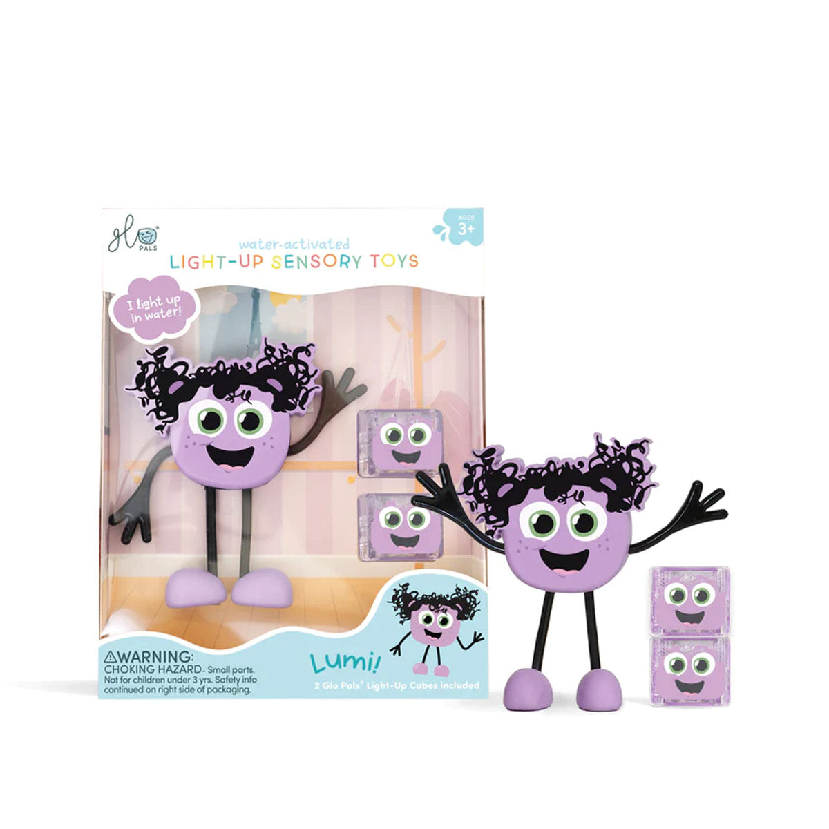 Glo Pals light-up badspeeltje characters Lumi licht op bij contact met water. Kleur paars, inclusief 2 blokjes. Voor veel waterplezier. Ook in andere varianten. VanZus