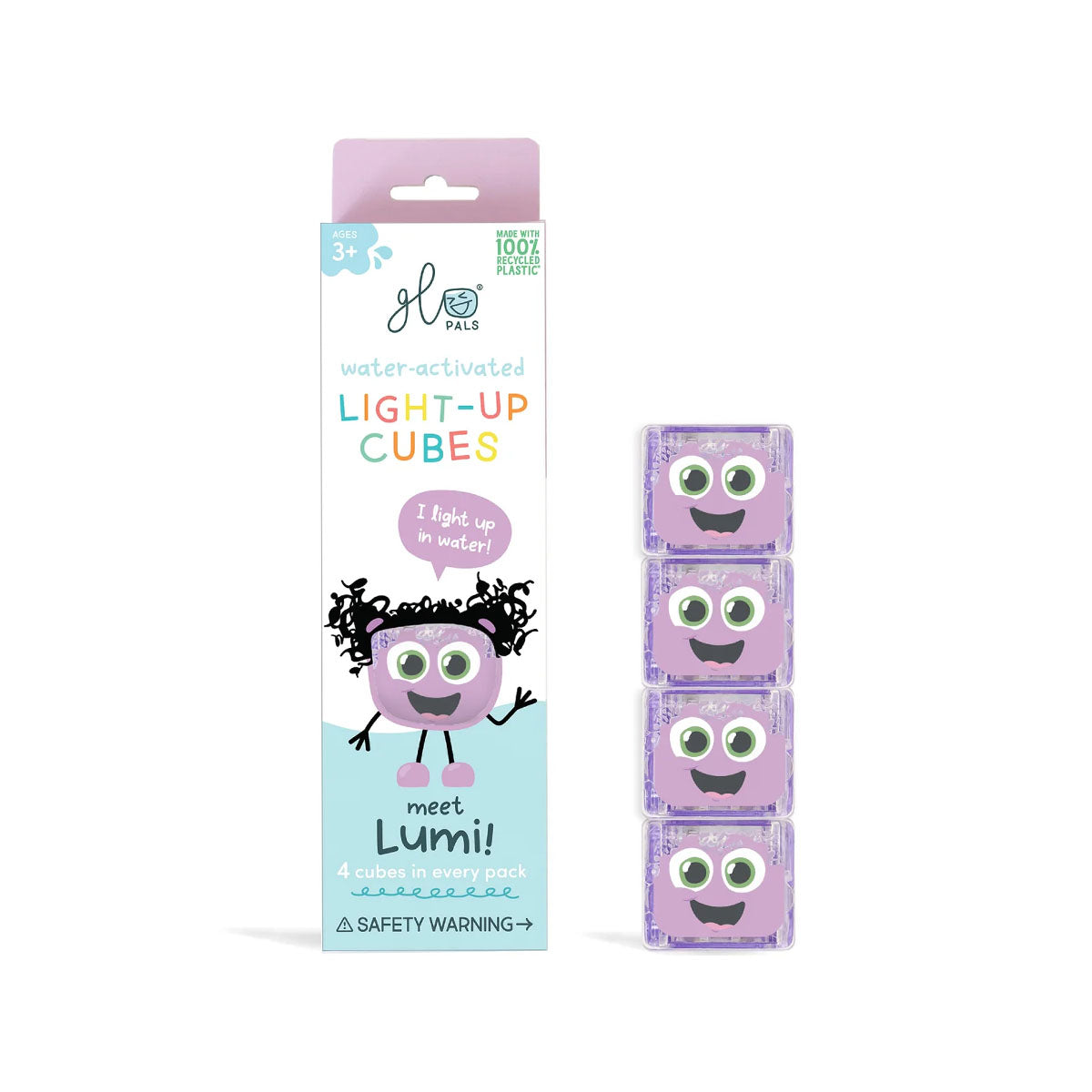 Glo Pals light-up cubes navulverpakking (4 stuks) van  characters Lumi. Het blokje licht op bij contact met water. Kleur paars. Voor veel waterplezier. Ook in andere varianten en leuk om te combineren. VanZus