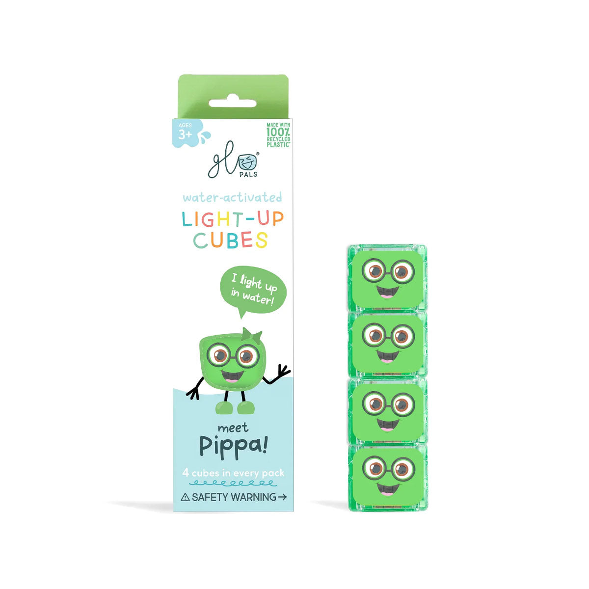 Glo Pals light-up cubes (4 stuks) navulverpakking van characters Pippa. Het blokje licht op bij contact met water. Kleur groen. Voor veel waterplezier. Ook in andere varianten en leuk om te combineren. VanZus