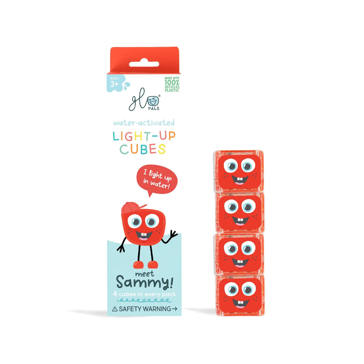 Glo Pals light-up cubes (4 stuks) navulverpakking van  characters Sammy. Het blokje licht op bij contact met water. Kleur rood. Voor veel waterplezier. Ook in andere varianten en leuk om te combineren. VanZus