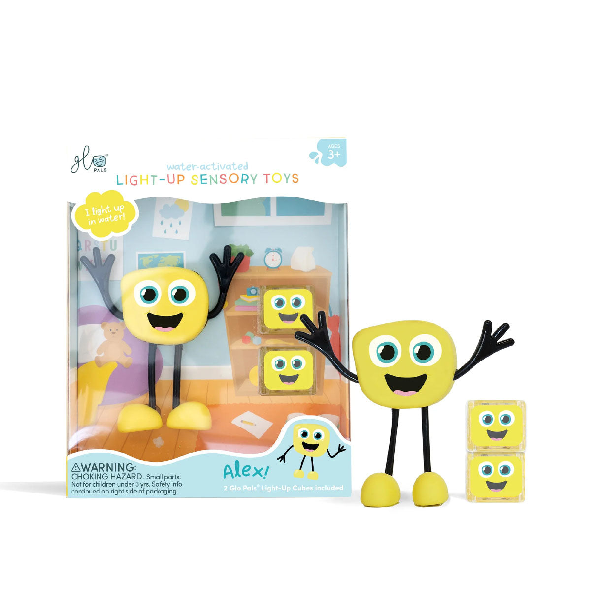 Glo Pals light-up badspeeltje characters Alex licht op bij contact met water. Kleur geel, inclusief 2 blokjes. Voor veel waterplezier. Ook in andere varianten. VanZus