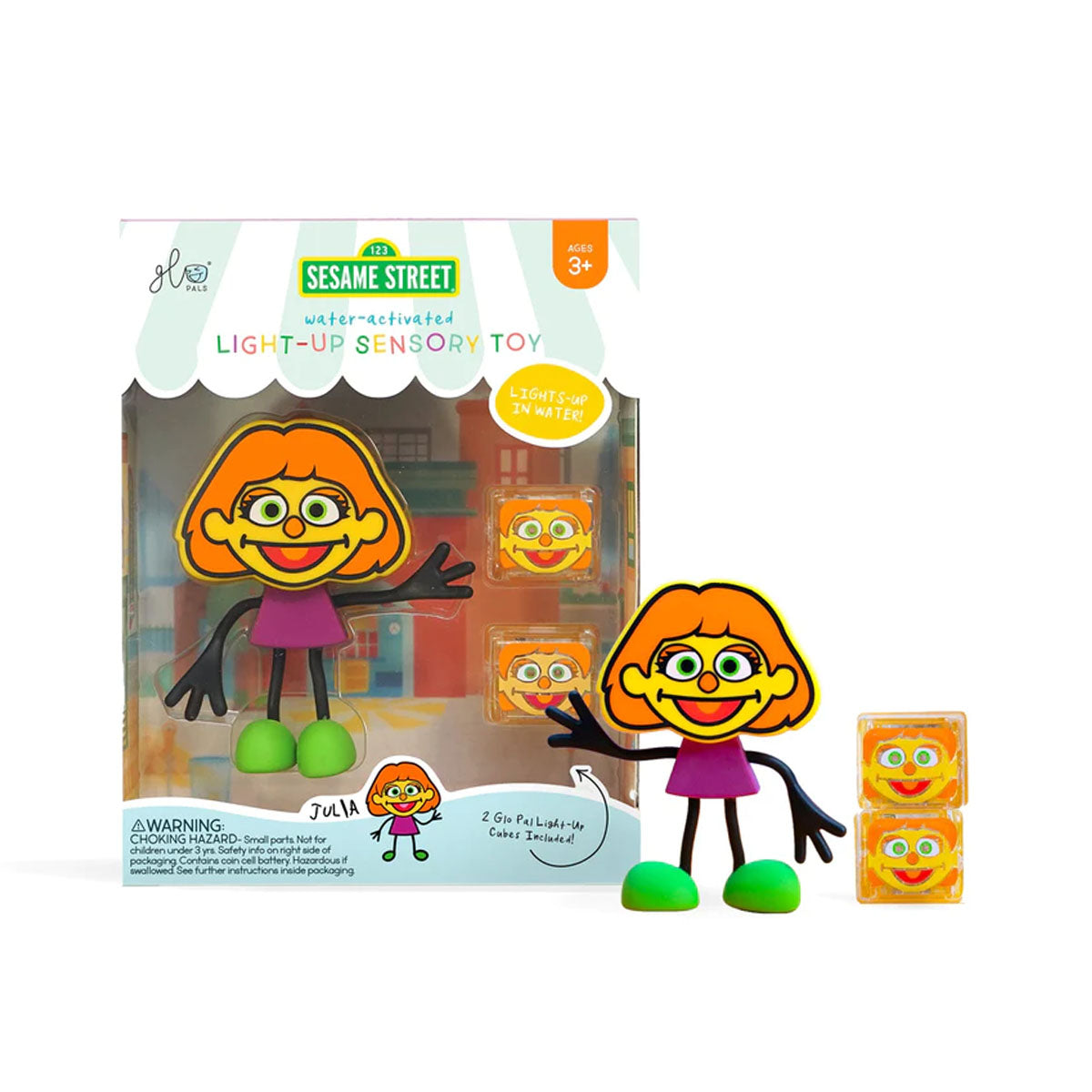 Glo Pals light-up badspeeltje characters Julia licht op bij contact met water. Kleur oranje, inclusief 2 blokjes. Voor veel waterplezier. Ook in andere varianten. VanZus