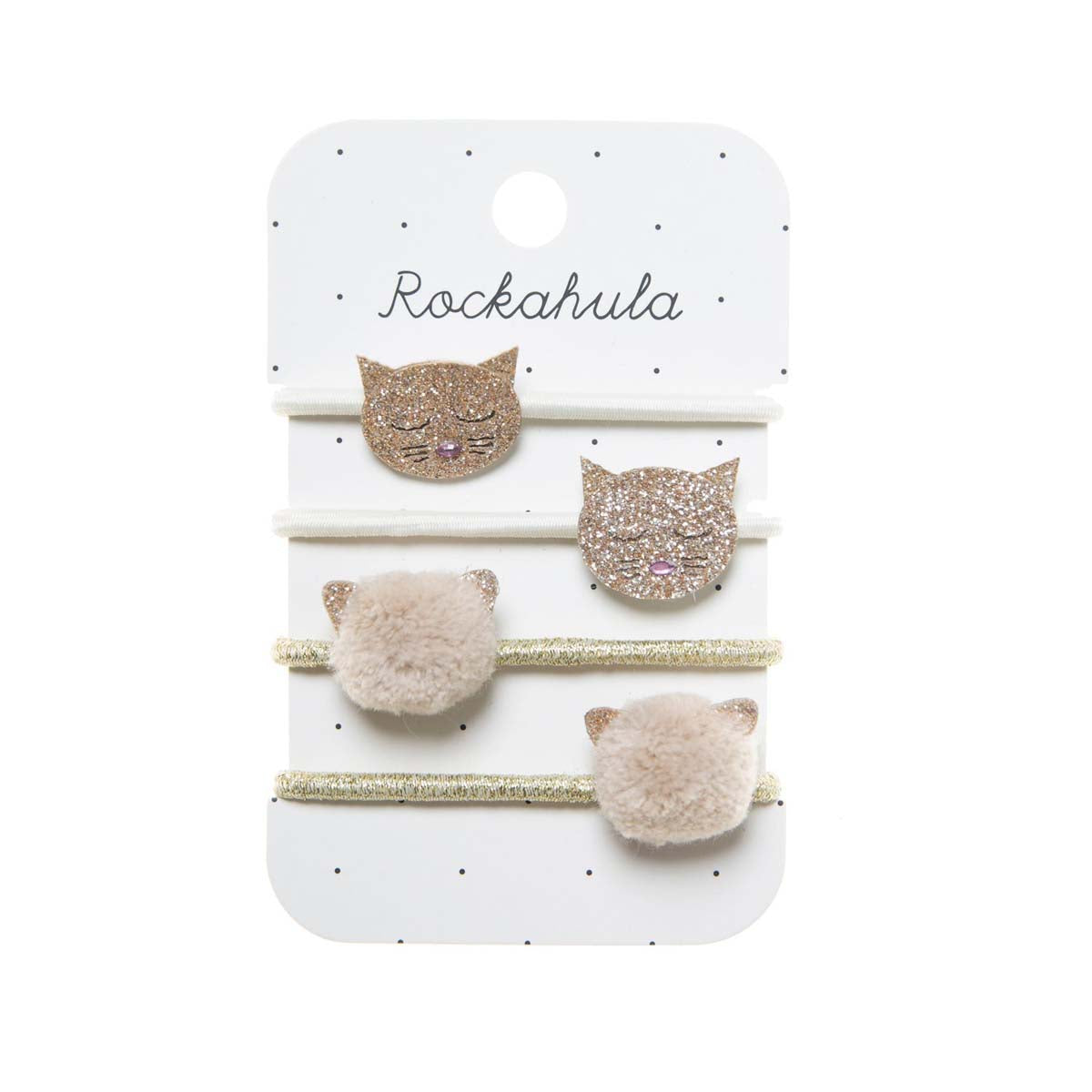 Cuteness overload met Rockahula’s bertie bee en daisy elastiekjes! De set bestaat uit 4 elastieken: twee goudkleurige elastieken met fluffy pompoms en twee witte elastieken met kattengezichtjes met glitters. VanZus