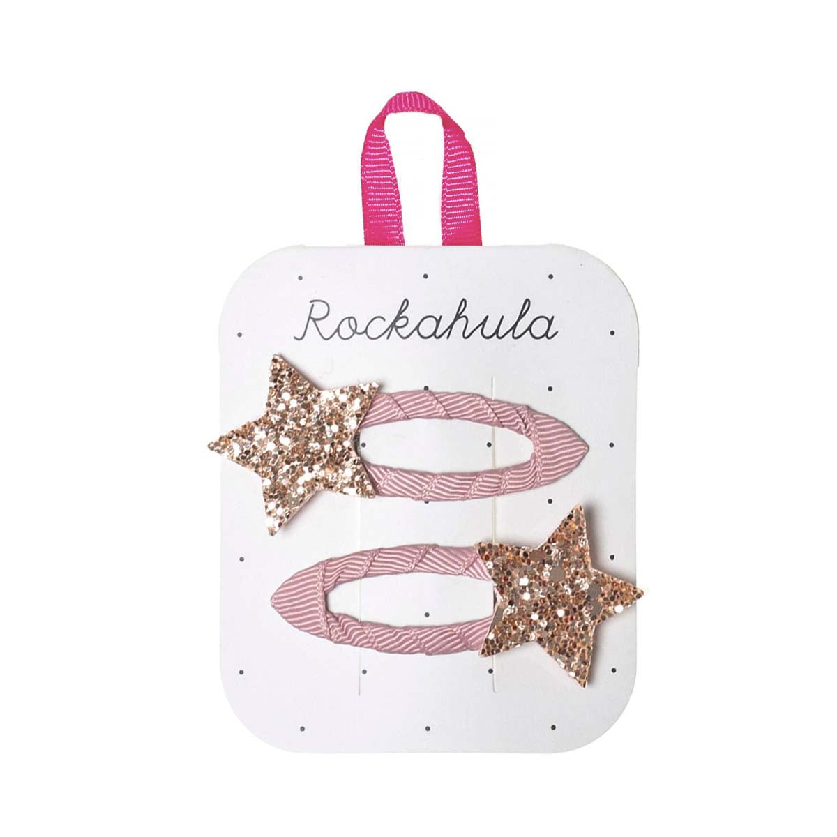 Kijk hoe schattig de starlight roze speldjes van Rockahula zijn! De set bestaat uit 2 speldjes, versierd met roze grosgrain lint en gouden glitter sterren. Hip en handig. Ook leuk als cadeau. VanZus