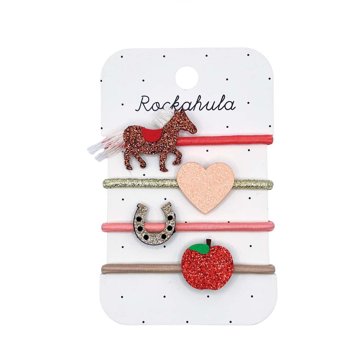 Cuteness overload met Rockahula’s lucky pony elastiekjes! De set bestaat uit 4 elastieken in verschillende kleuren en versieringen: paard, hart, hoefijzer en appel met glitters. Voor echte paardenliefhebbers! VanZus