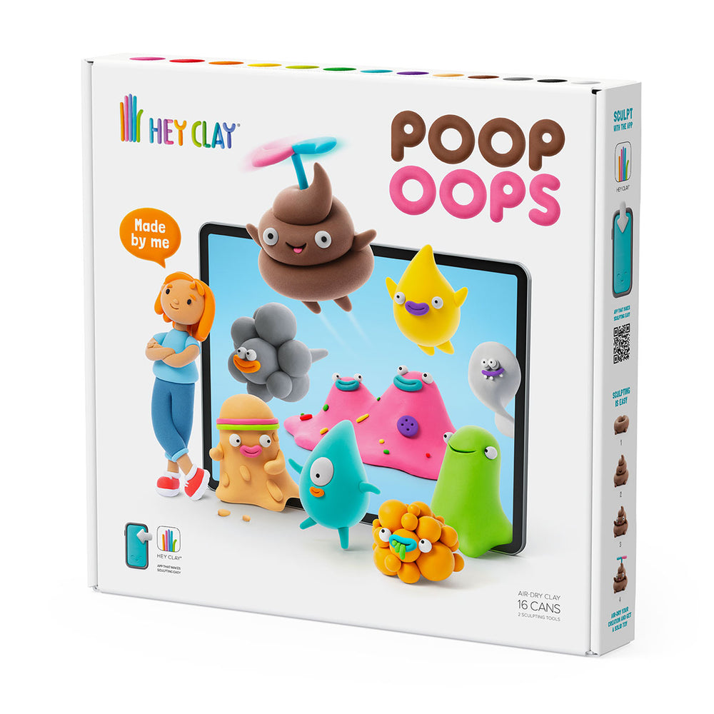 Boetseer vrolijk uitziende gekleurde figuurtjes met de boetseerklei én bijbehorende app van HeyClay in de variant PoopOops. 16 stuks klei, plakt niet en droogt snel. Voor creatieve en leergierige kinderen. VanZus