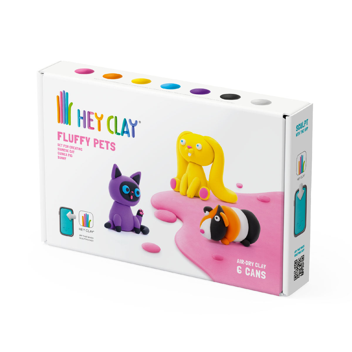 Spelen met klei was nog nooit zo leuk met deze fluffy pets siamese kat, konijntje, cavia 6 stuks kleiset van merk HeyClay! Met deze set met 8 kleuren klei kan je kindje helemaal zelf 3 schattige dieren in elkaar zetten. VanZus