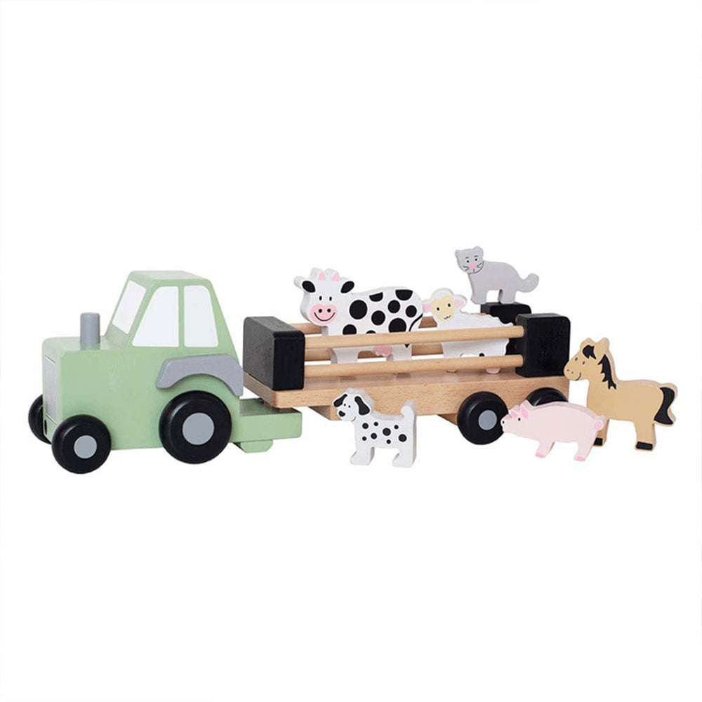 Een houten traktor met aanhanger en 6 boerderijdieren: koe, schaap, varken, paard, kat en hond van het Zweedse merk Jabadabado. Gegarandeerd veel speelplezier. Voor voertuig- en dieren liefhebbers! VanZus