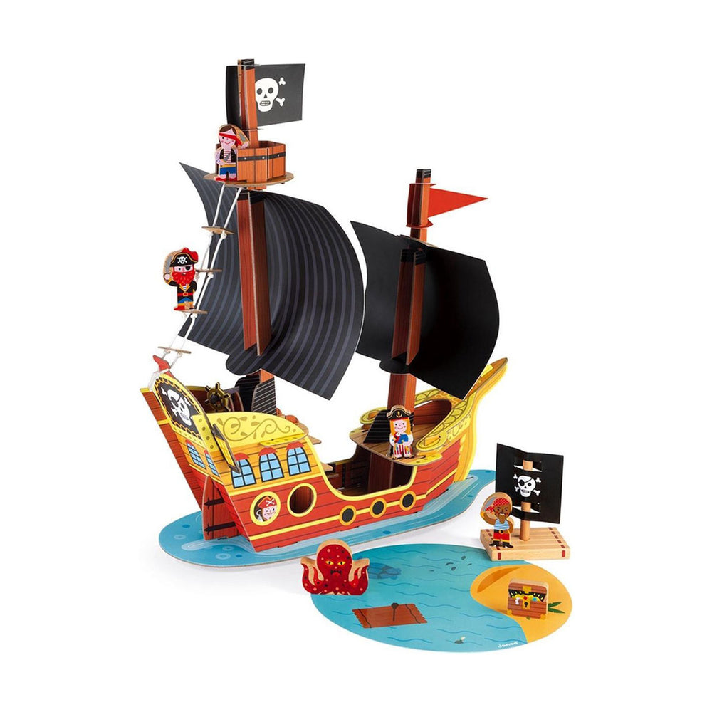 Je kindje kan zijn of haar fantasie helemaal de vrije loop laten met deze prachtige story piratenschip van het merk Janod! Met deze speelgoedset kan je kindje (met behulp van een volwassene) zelf een piratenschip in elkaar zetten en er daarna heerlijk mee spelen. VanZus