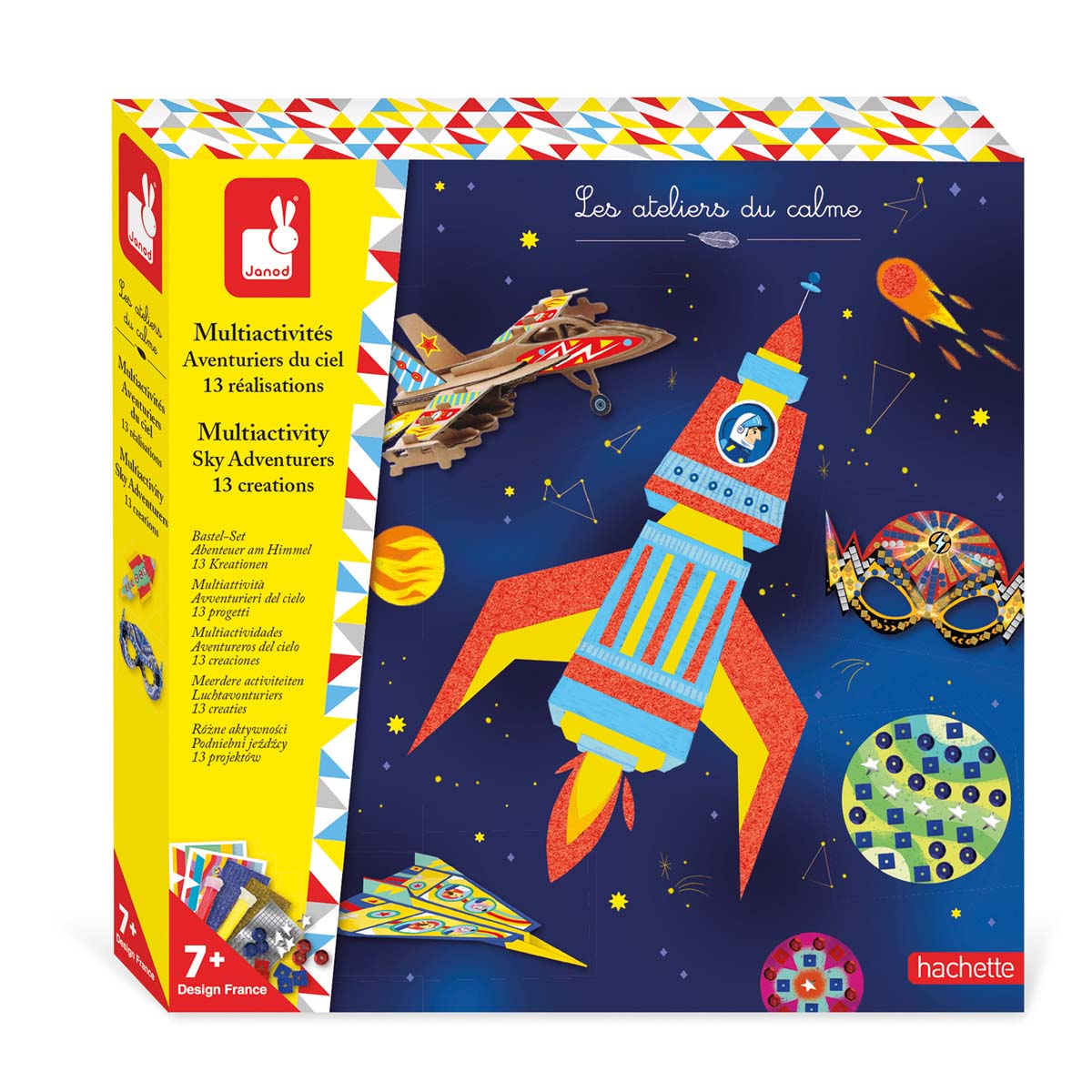 Met de atelier knutselset avonturen in de lucht van Janod kunnen kinderen vanaf 7 jaar 13 creaties maken d.m.v. origami, modelbouw, stickers, diamond painting, mozaïek of zand, VanZus