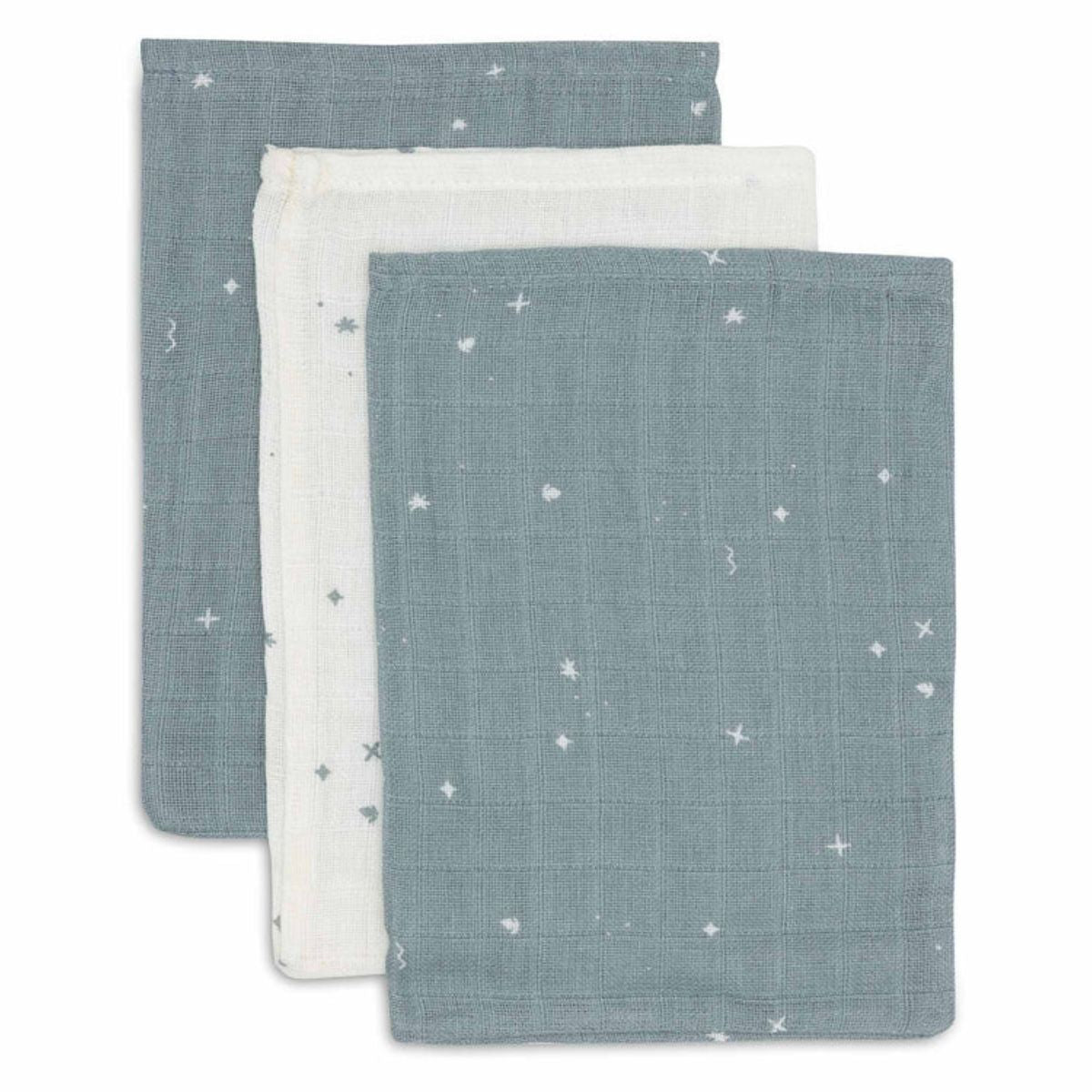 De 3-pack hydrofiele washandjes van Jollein zijn vrolijk en zacht. Deze snoetenpoetsers in de variant twinkling sea green zijn multifunctioneel, gebruik tijdens het badje of om handjes te poetsen. VanZus