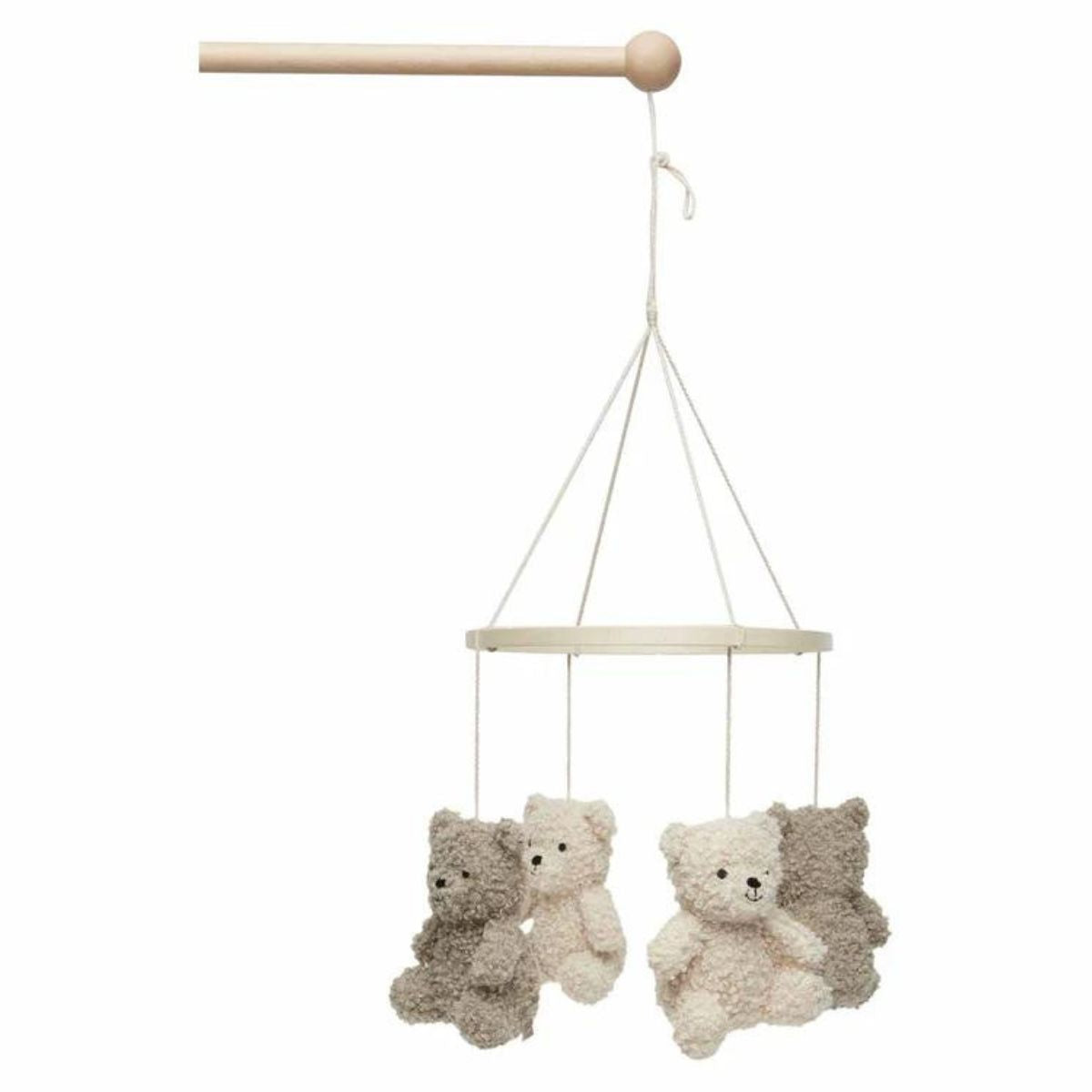 Voeg rust en stijl toe aan de babykamer met de Jollein teddy bear mobiel in olive green/naturel. Met draaiende teddyberen voor kalmering en vermaak. Eenvoudig te bevestigen. Leuk als cadeau. VanZus