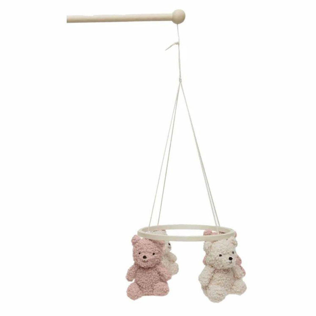 Voeg rust en stijl toe aan de babykamer met de Jollein teddy bear mobiel in olive green/naturel. Met draaiende teddyberen voor kalmering en vermaak. Eenvoudig te bevestigen. Leuk als cadeau. VanZus