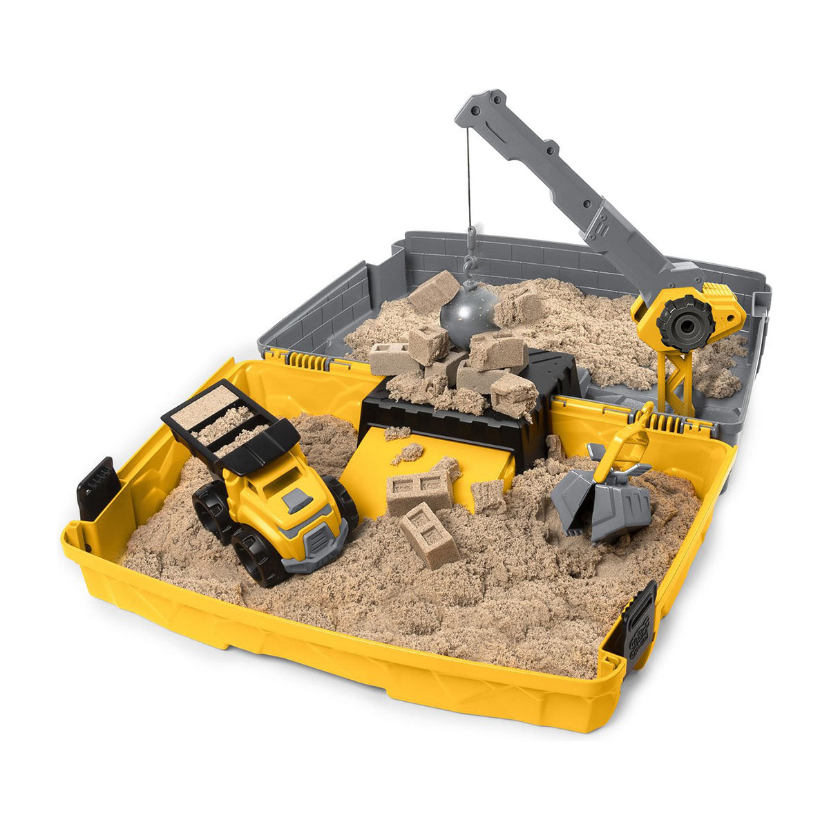 Deze opvouwbare Kinetic Sand construcrion bouwplaats 907 gram met een speciaal bouwplaatsthema bevat alles wat je nodig hebt om je eigen bouwplaats te maken. Deze set bevat het magische Kinetic Sand, een kiepwagen, een kraan die echt werkt, een sloopkogel en een emmer. VanZus