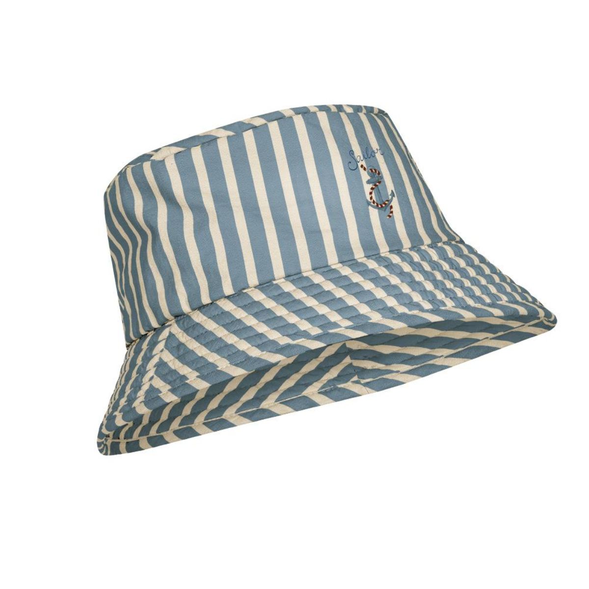 Konges Slojd asnou bucket hat in blauw biedt optimale bescherming met UPF 50+. Perfect voor zonnige dagen. Veilig en stijlvol voor je kleintje! Combineer met andere items uit de sailor stripe collectie. VanZus