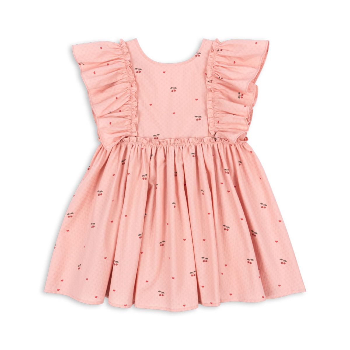 Hoe schattig is deze evia bow jurk in de variant cherry coeur van het merk Konges Slojd? Dit mooie jurkje met een roze kleur en een schattige kersenprint is het ideale jurk voor zowel feestelijke gelegenheden als alledaagse outfits. De jurk is gemaakt van 100% organisch katoen en heeft ruches bij de mouwen en een wijd uitlopende rok. VanZus