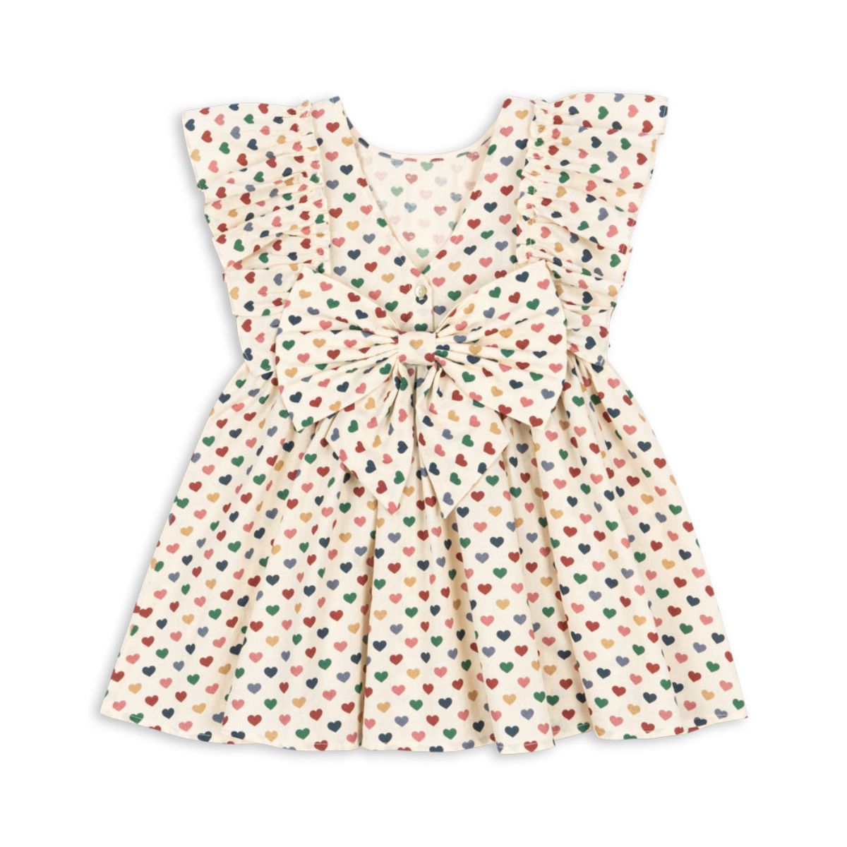 Hoe schattig is deze evia bow jurk in de variant coeur coloré van het merk Konges Slojd? Dit mooie jurkje met een beige kleur en een schattige print van gekleurde hartjes is het ideale jurk voor zowel feestelijke gelegenheden als alledaagse outfits. VanZus