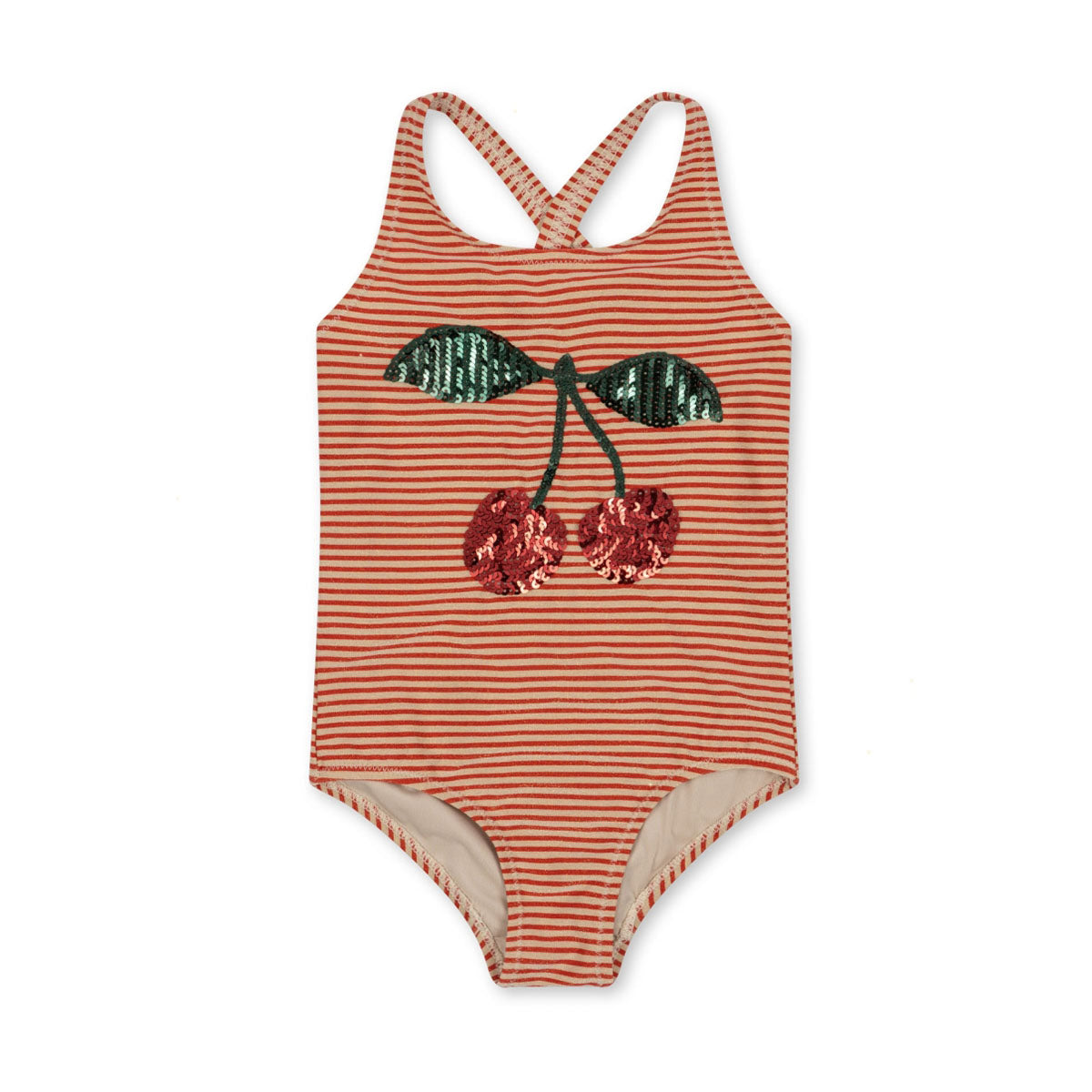 Ga je naar het strand, het zwembad of op vakantie? Dan is dit leuke jade badpak in glitter stripe van het merk Konges Slojd een must have voor in de koffer of de tas! Dit schattige badpak heeft streepjes en een schattige kers op de voorkant. VanZus