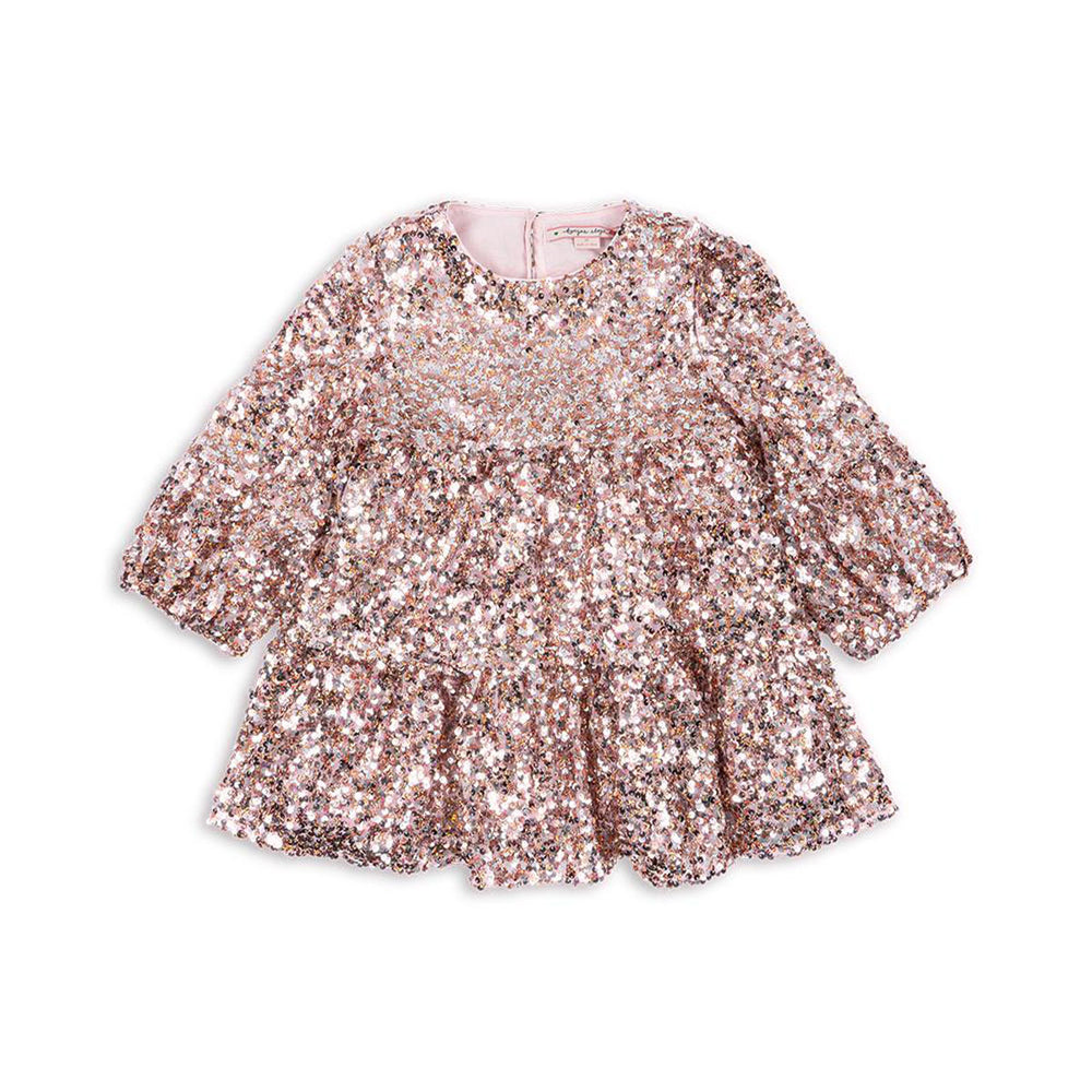 Roze mét glitters. De lila jurk met pailletten in de kleur grey/rosa van het merk Konges Slojd is een absolute showstopper! Deze jurk is helemaal bezaaid met glinsterende pailletten. Ideaal voor kerst of voor een feestje! VanZus