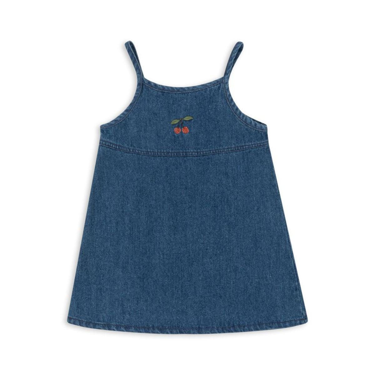 De magot strap jurk in denim blue van Konges Slojd is een stijlvolle, veelzijdige jurk van zacht biologisch katoen met een schattig geborduurd kersje. Perfect voor elke gelegenheid! VanZus