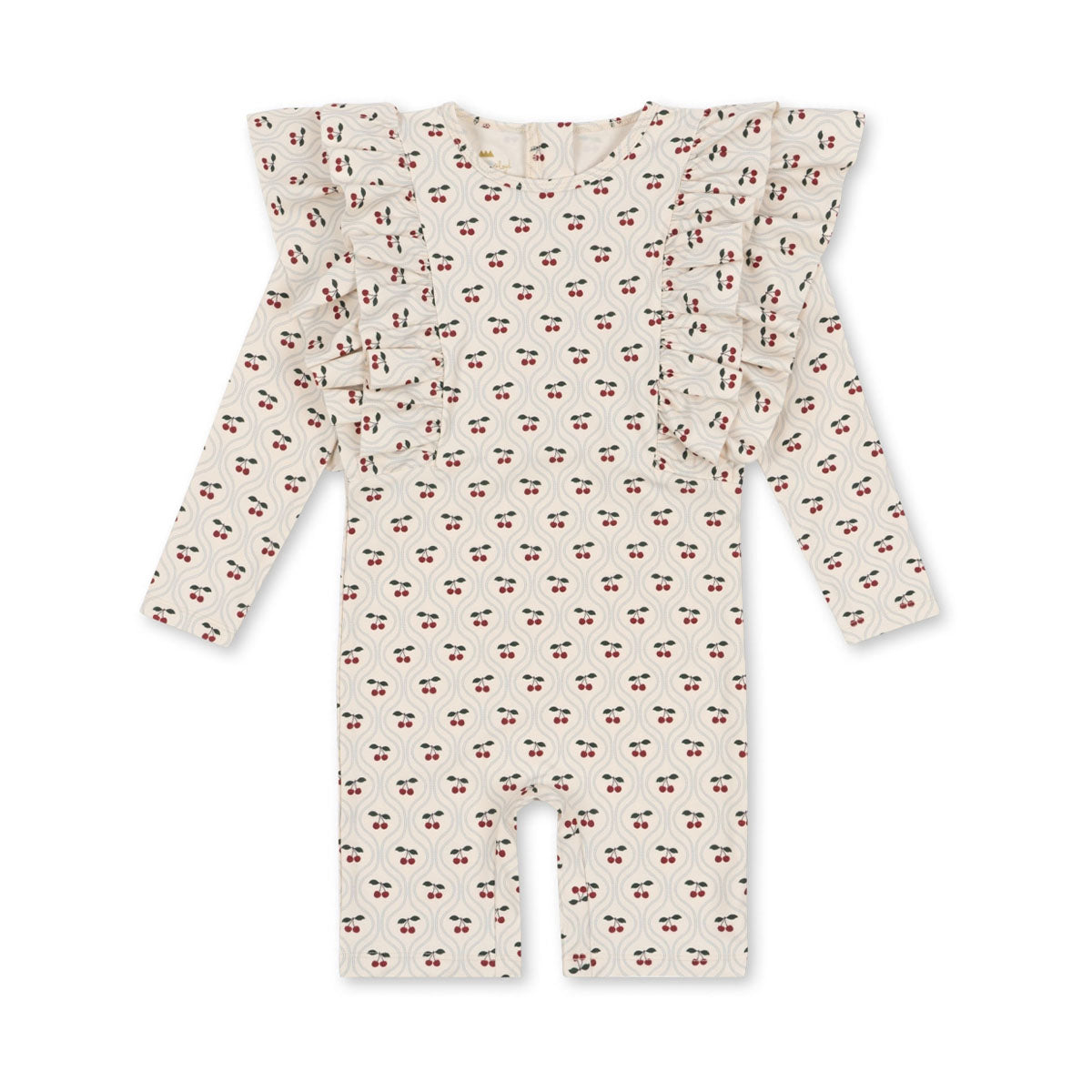 Met de Konges Slojd manuca frill onesie in cherry motif is jouw kindje helemaal klaar voor de zomer! Deze leuke onesie is gemaakt voor zonnige dagen en veel waterpret.De crèmekleurige onesie met schattige kersjes is perfect voor een uitje naar het strand of waterpret in het zwembad. VanZus