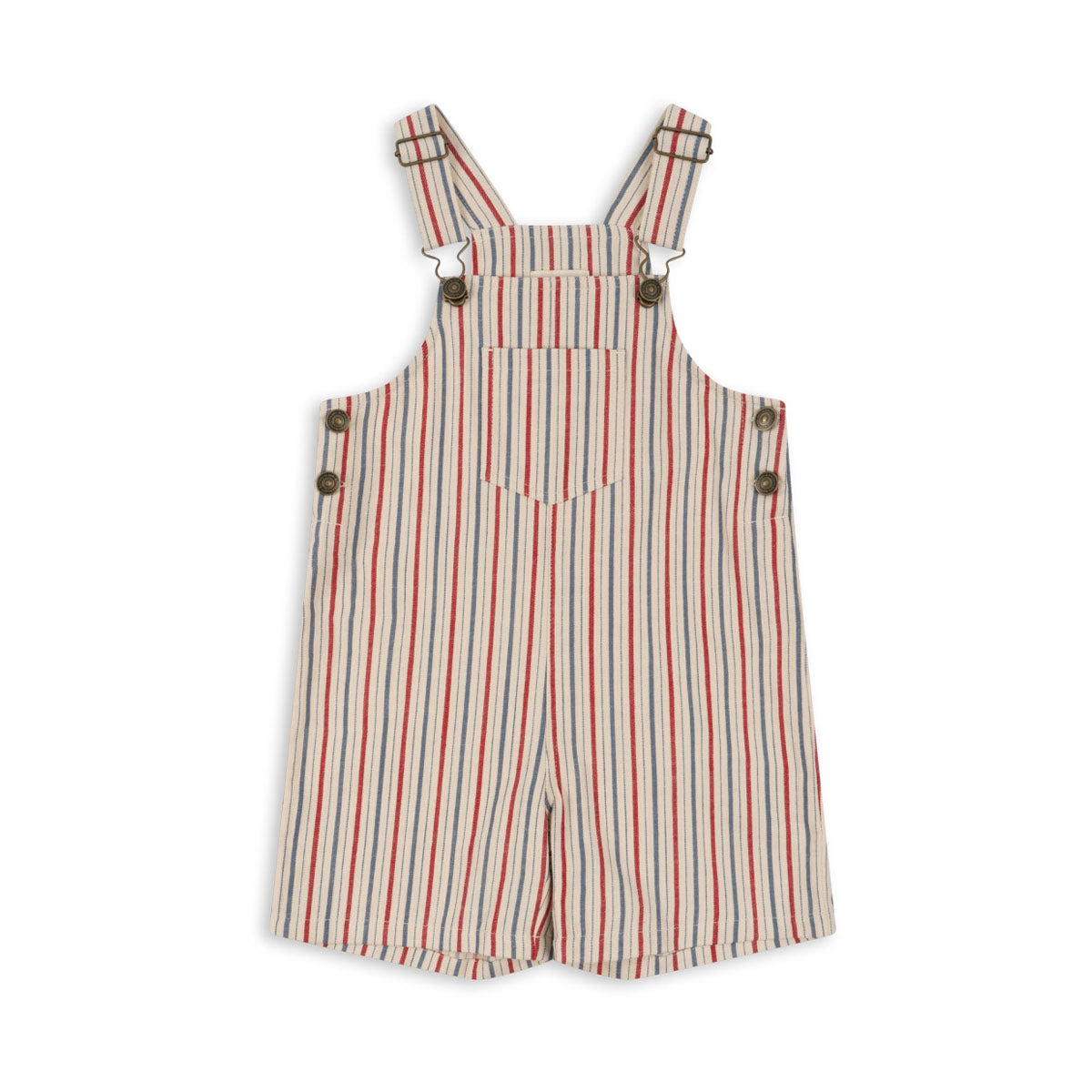 Hoe schattig is deze hippe marlon tuinbroek in de print antique stripe van Konges Slojd?! Het tuinpakje heeft korte pijpjes en is voorzien van een mooie print van gekleurde verticale strepen in rood en blauw voor een vintage look. VanZus