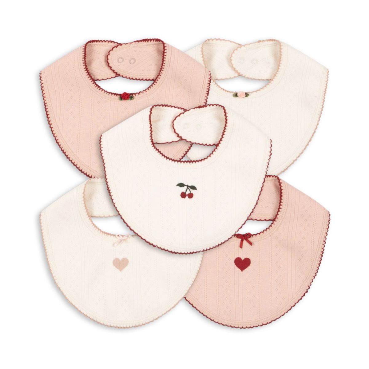 De Konges Slojd minna 5-pack slab rose/white mix is perfect voor elke maaltijd. Maak het eten leuker en eenvoudiger met deze stijlvolle en vrolijke slabbetjes met opvanggootje. VanZus